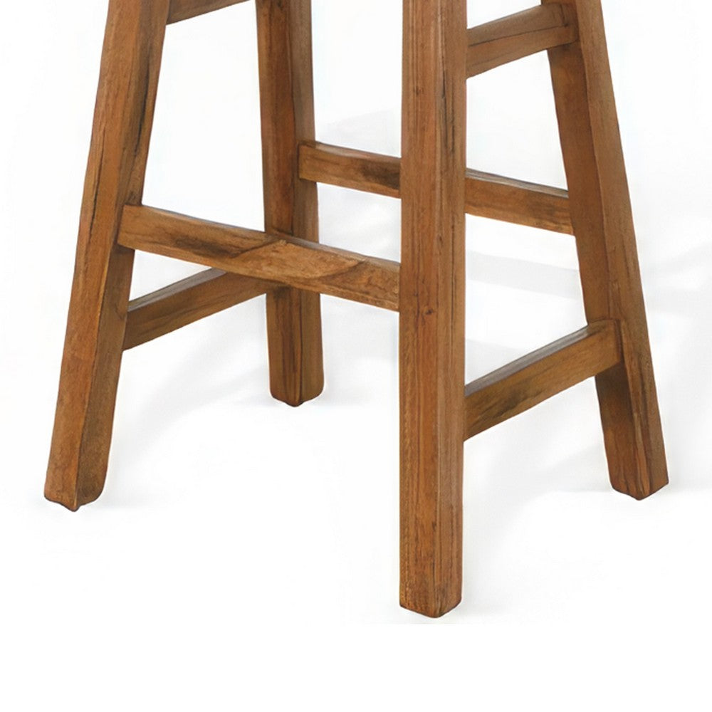 Benjara Marv Barstool Set of 2, Saddle Seat, Rustic Oak Mahogany Wood, 30 Inch