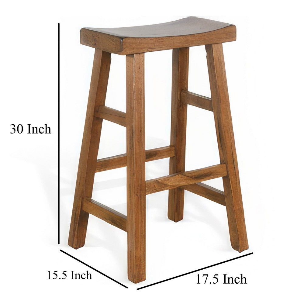 Benjara Marv Barstool Set of 2, Saddle Seat, Rustic Oak Mahogany Wood, 30 Inch