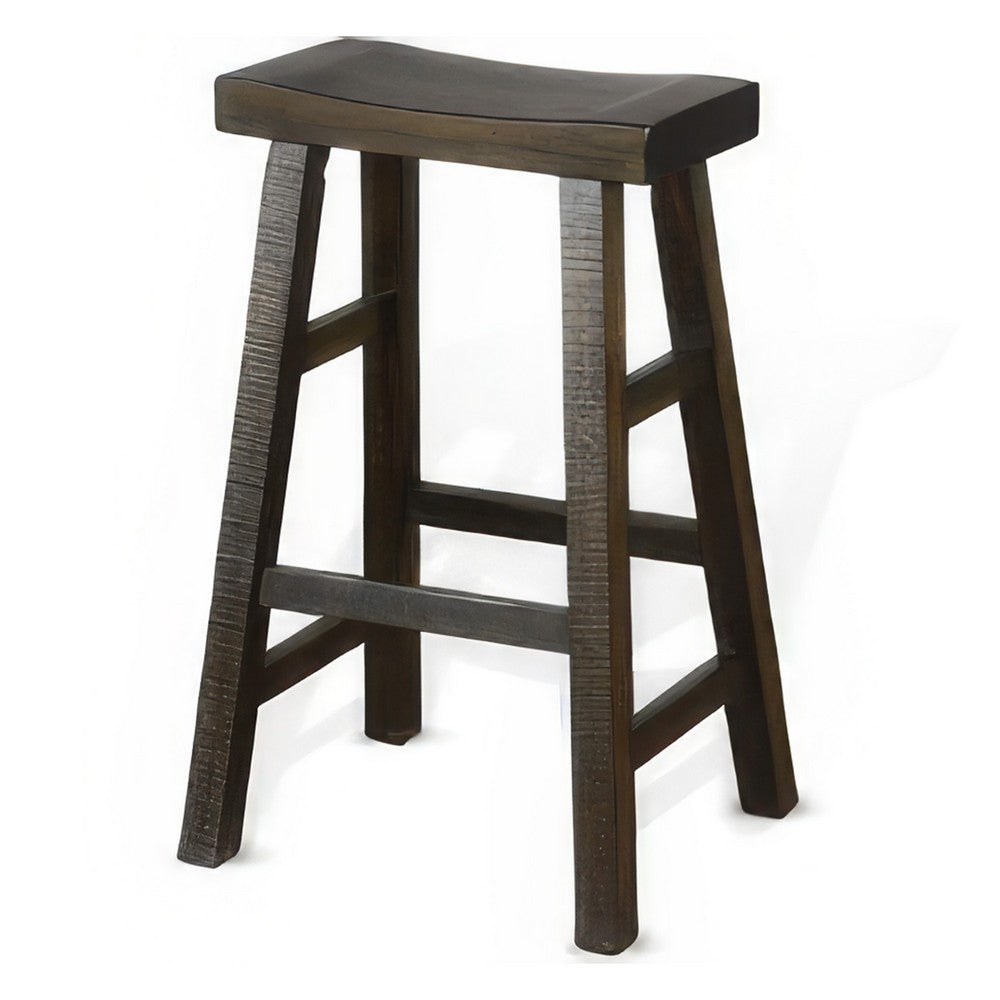 Benjara Flint Barstool Set of 2, Saddle Seat, Distressed Dark Brown Mahogany