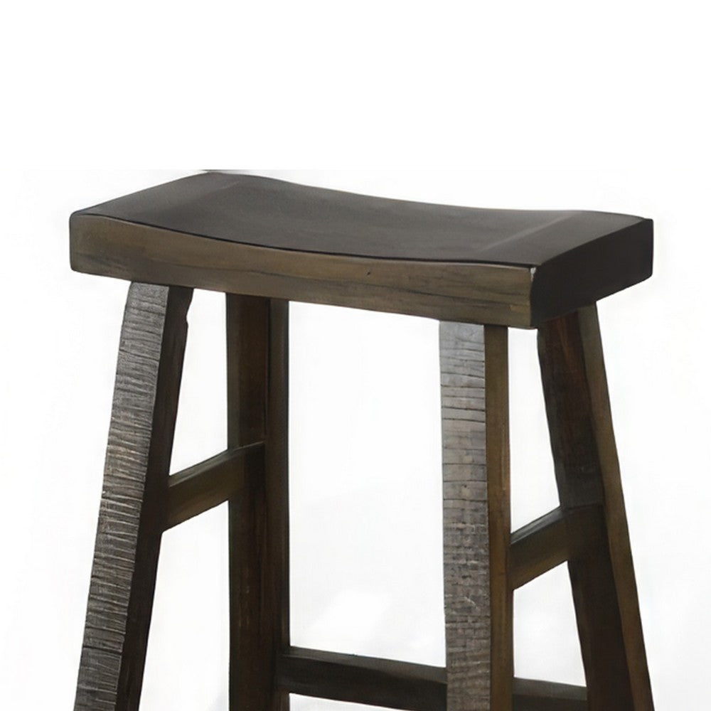 Benjara Flint Barstool Set of 2, Saddle Seat, Distressed Dark Brown Mahogany