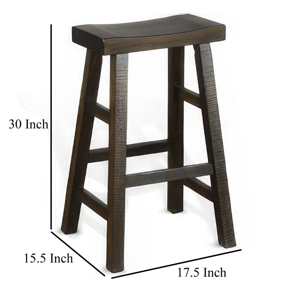 Benjara Flint Barstool Set of 2, Saddle Seat, Distressed Dark Brown Mahogany