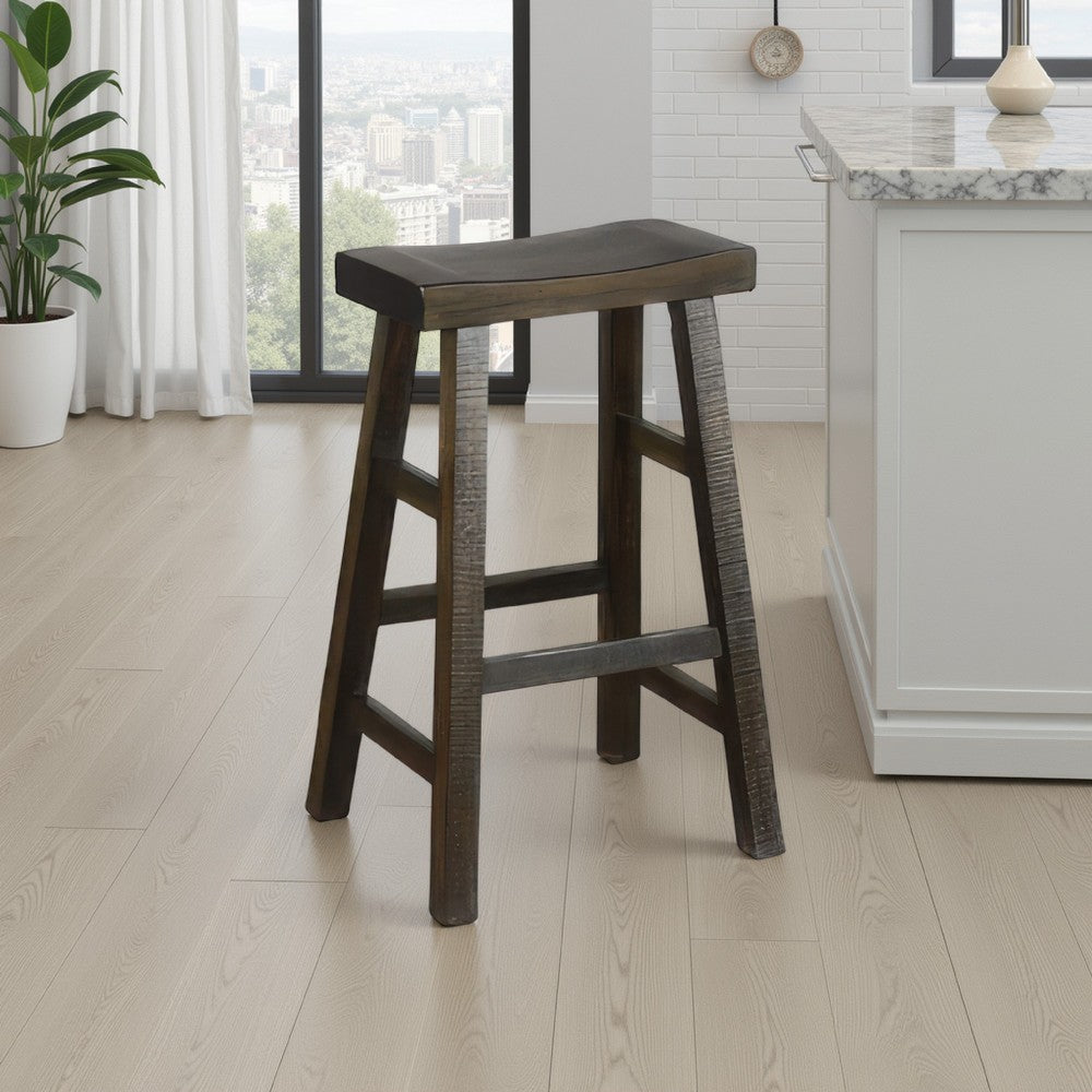 Benjara Flint Barstool Set of 2, Saddle Seat, Distressed Dark Brown Mahogany