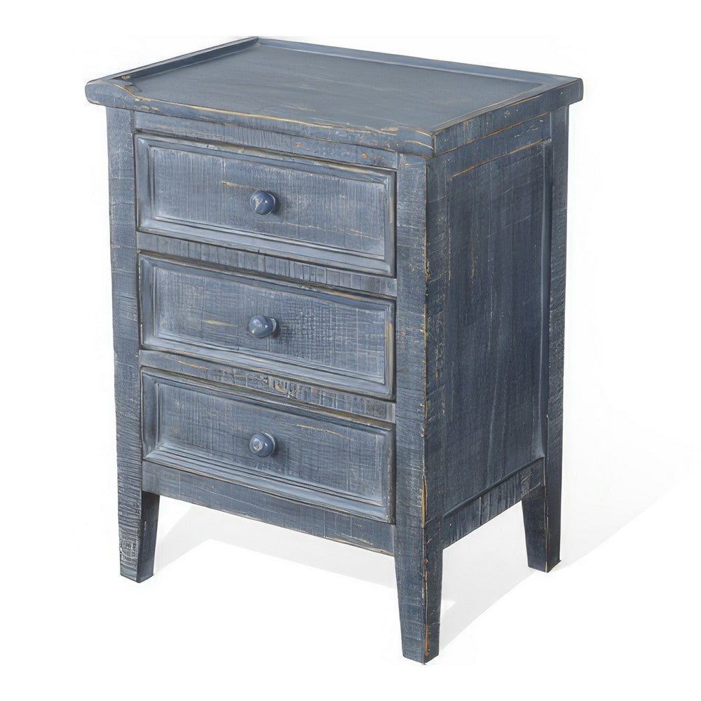 Benjara Rena Side End Table with 3 Drawers, 19 Inch Rustic Blue Mahogany Wood
