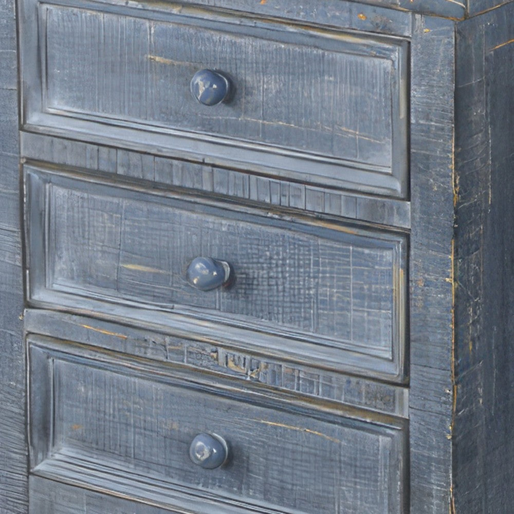 Benjara Rena Side End Table with 3 Drawers, 19 Inch Rustic Blue Mahogany Wood