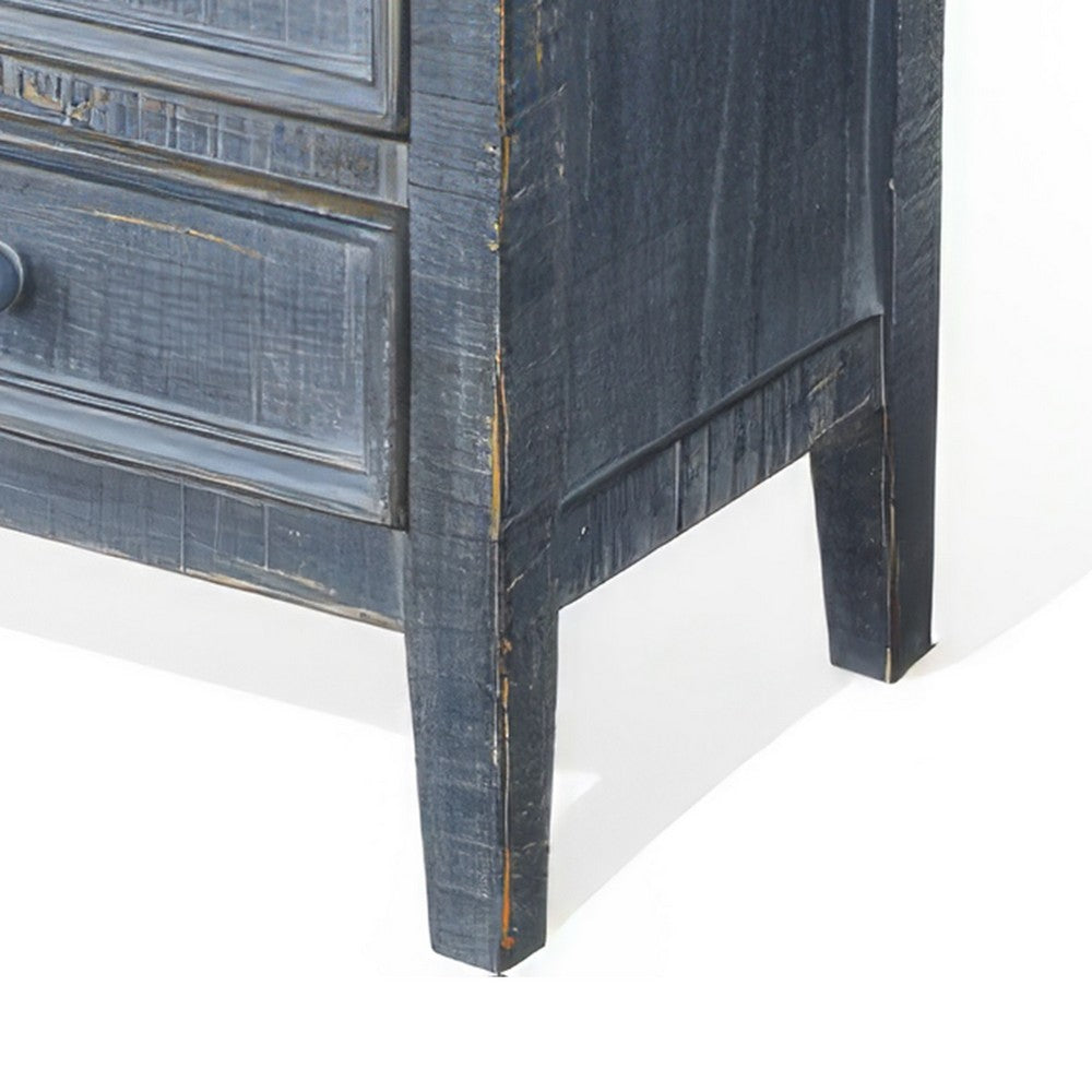Benjara Rena Side End Table with 3 Drawers, 19 Inch Rustic Blue Mahogany Wood
