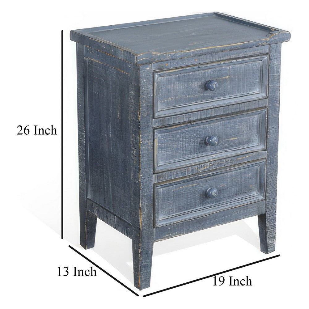 Benjara Rena Side End Table with 3 Drawers, 19 Inch Rustic Blue Mahogany Wood