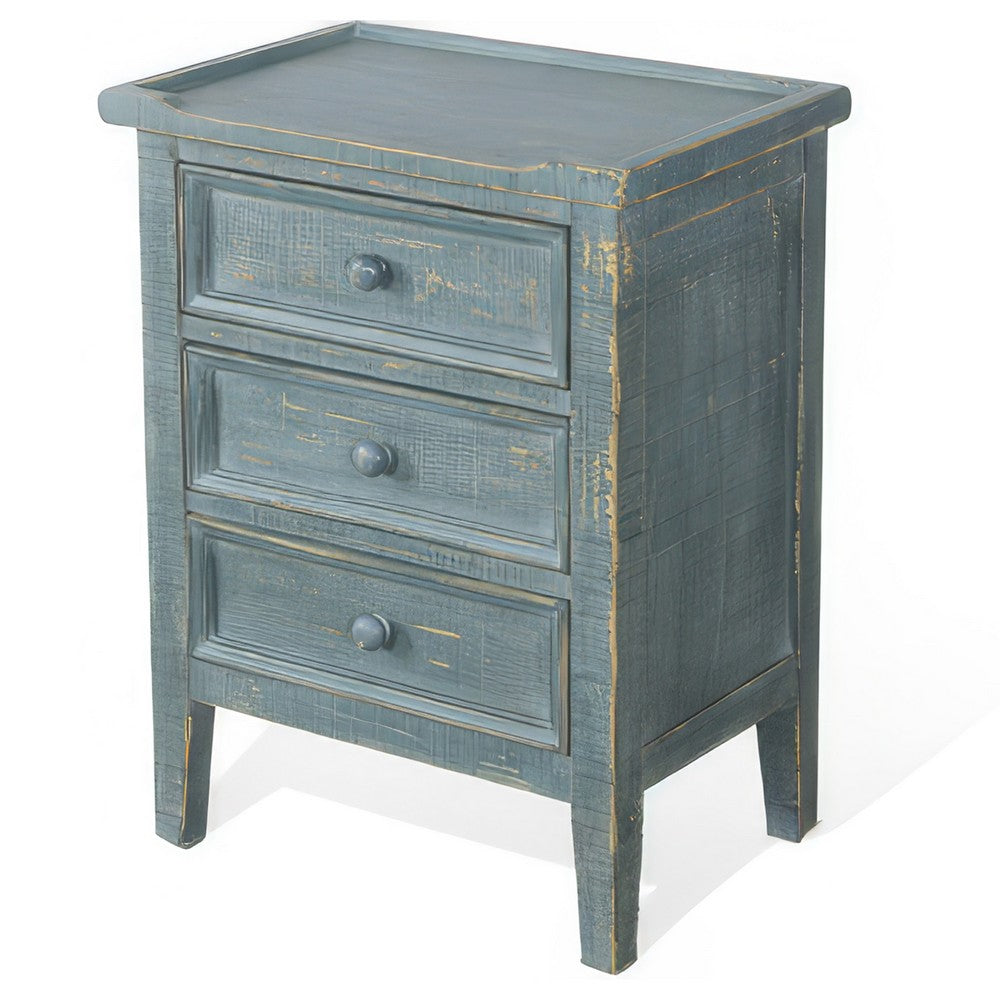 Benjara Rena Side End Table with 3 Drawers, 19 Inch Rustic Green Mahogany Wood