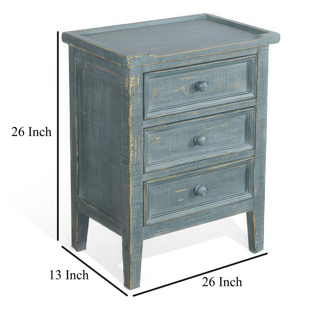 Benjara Rena Side End Table with 3 Drawers, 19 Inch Rustic Green Mahogany Wood