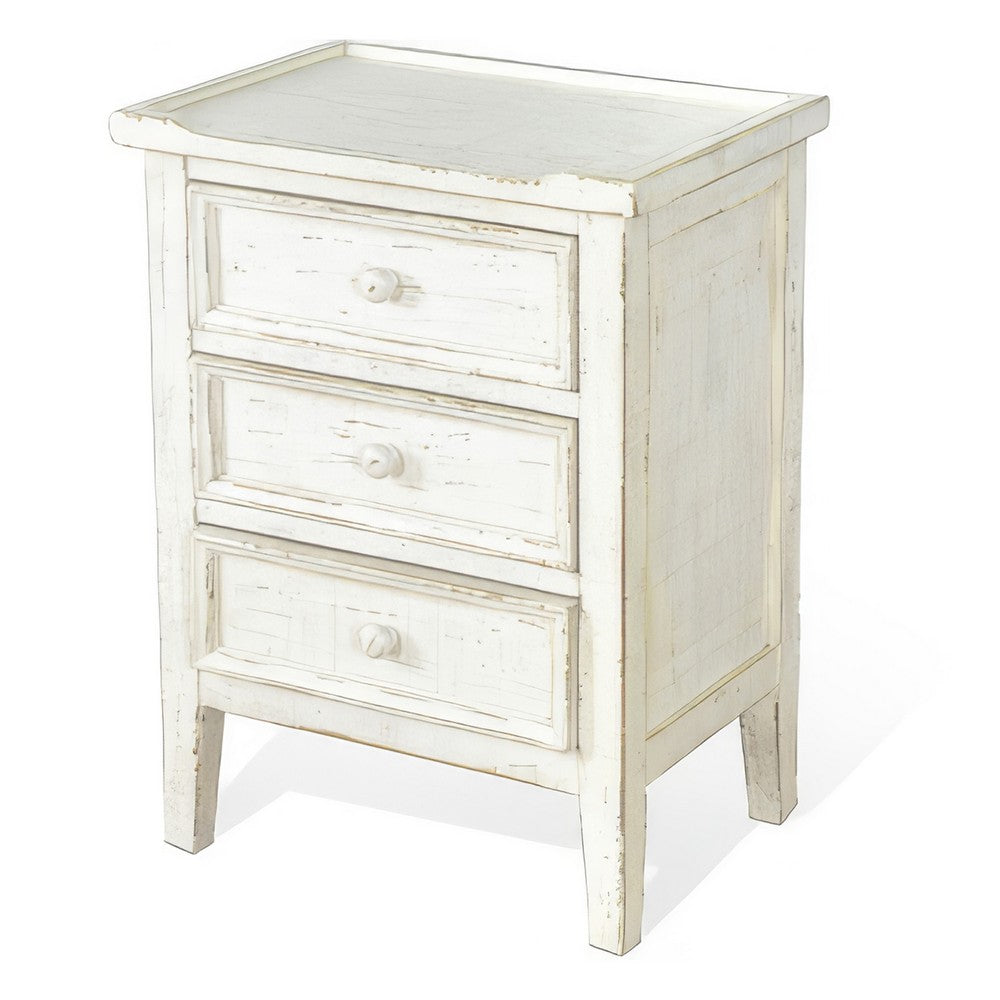 Benjara Rena Side End Table with 3 Drawers, 19 Inch Rustic White Mahogany Wood
