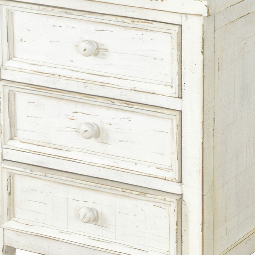 Benjara Rena Side End Table with 3 Drawers, 19 Inch Rustic White Mahogany Wood