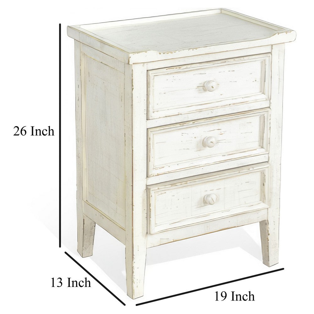 Benjara Rena Side End Table with 3 Drawers, 19 Inch Rustic White Mahogany Wood