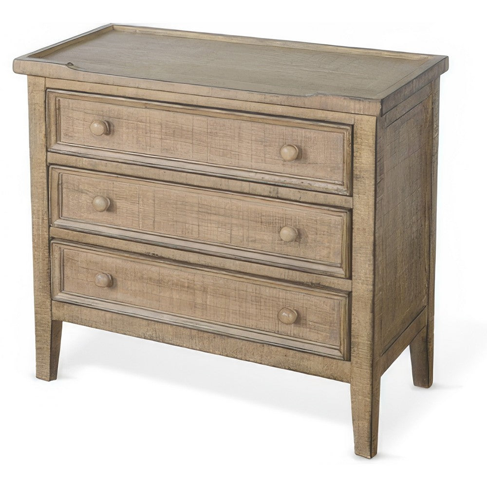 Benjara Rena Side End Table | 3 Drawers with Round Knobs | 28" Distressed Pebble Brown Mahogany Wood