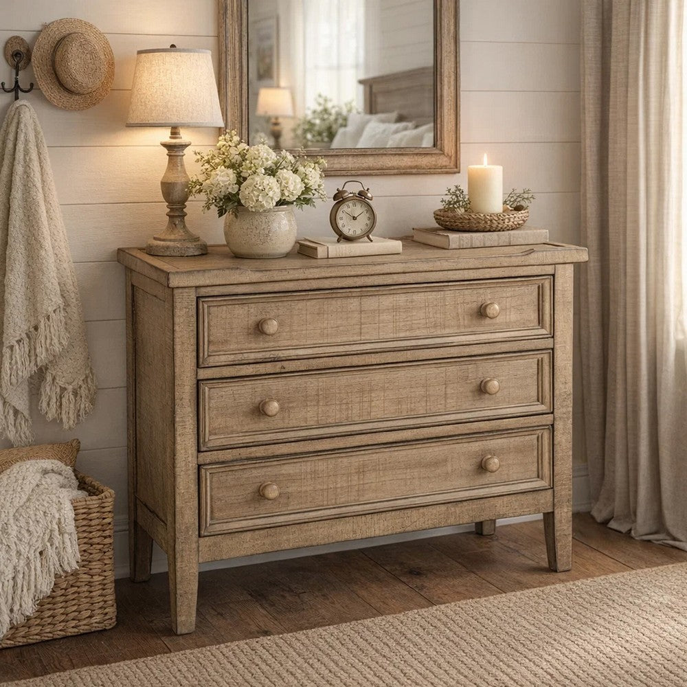 Benjara Rena Side End Table | 3 Drawers with Round Knobs | 28" Distressed Pebble Brown Mahogany Wood