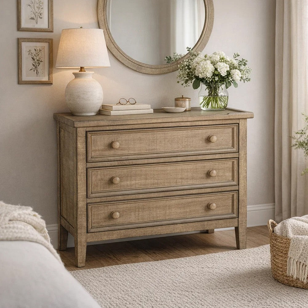 Benjara Rena Side End Table | 3 Drawers with Round Knobs | 28" Distressed Pebble Brown Mahogany Wood