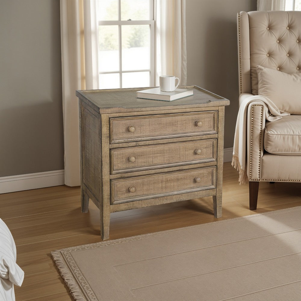 Benjara Rena Side End Table | 3 Drawers with Round Knobs | 28" Distressed Pebble Brown Mahogany Wood