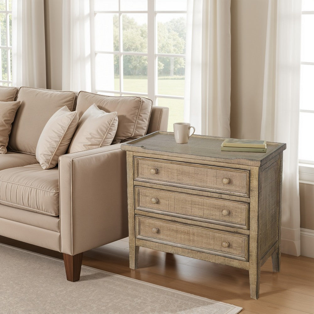 Benjara Rena Side End Table | 3 Drawers with Round Knobs | 28" Distressed Pebble Brown Mahogany Wood