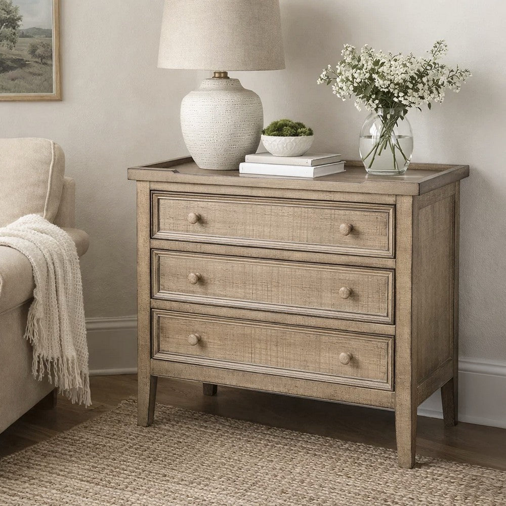 Benjara Rena Side End Table | 3 Drawers with Round Knobs | 28" Distressed Pebble Brown Mahogany Wood