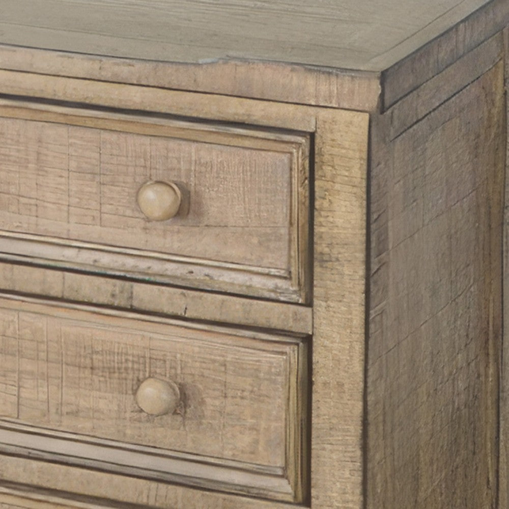 Benjara Rena Side End Table | 3 Drawers with Round Knobs | 28" Distressed Pebble Brown Mahogany Wood