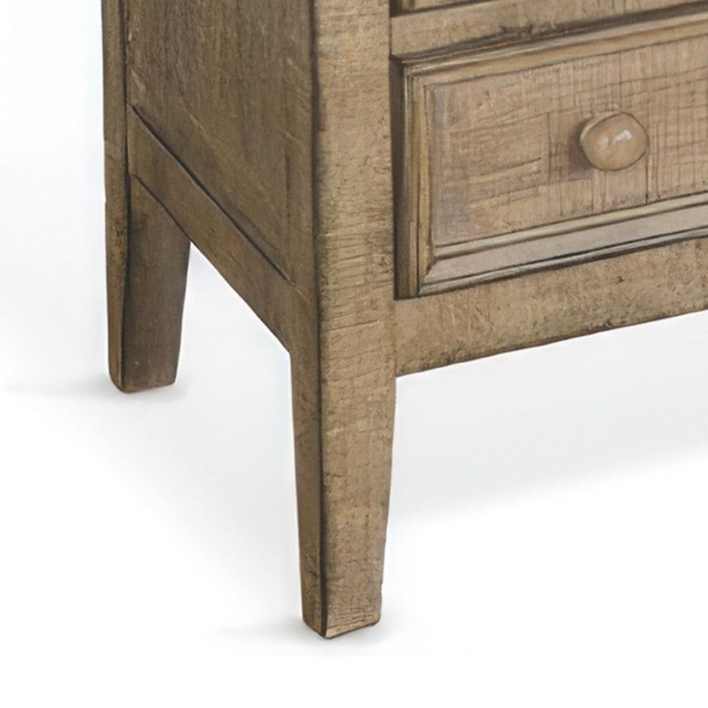 Benjara Rena Side End Table | 3 Drawers with Round Knobs | 28" Distressed Pebble Brown Mahogany Wood