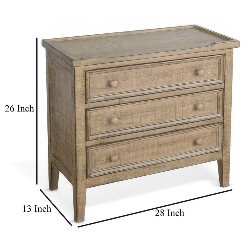 Benjara Rena Side End Table | 3 Drawers with Round Knobs | 28" Distressed Pebble Brown Mahogany Wood
