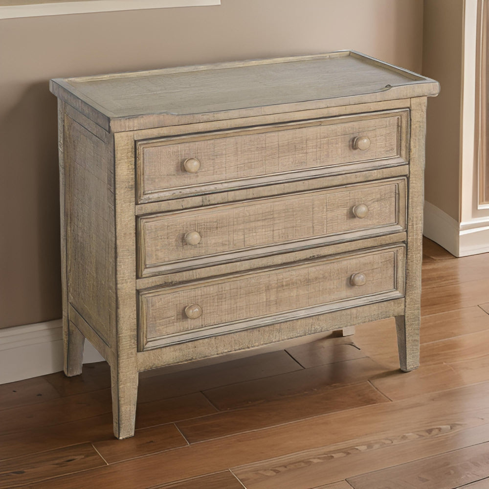 Benjara Rena Side End Table | 3 Drawers with Round Knobs | 28" Distressed Pebble Brown Mahogany Wood