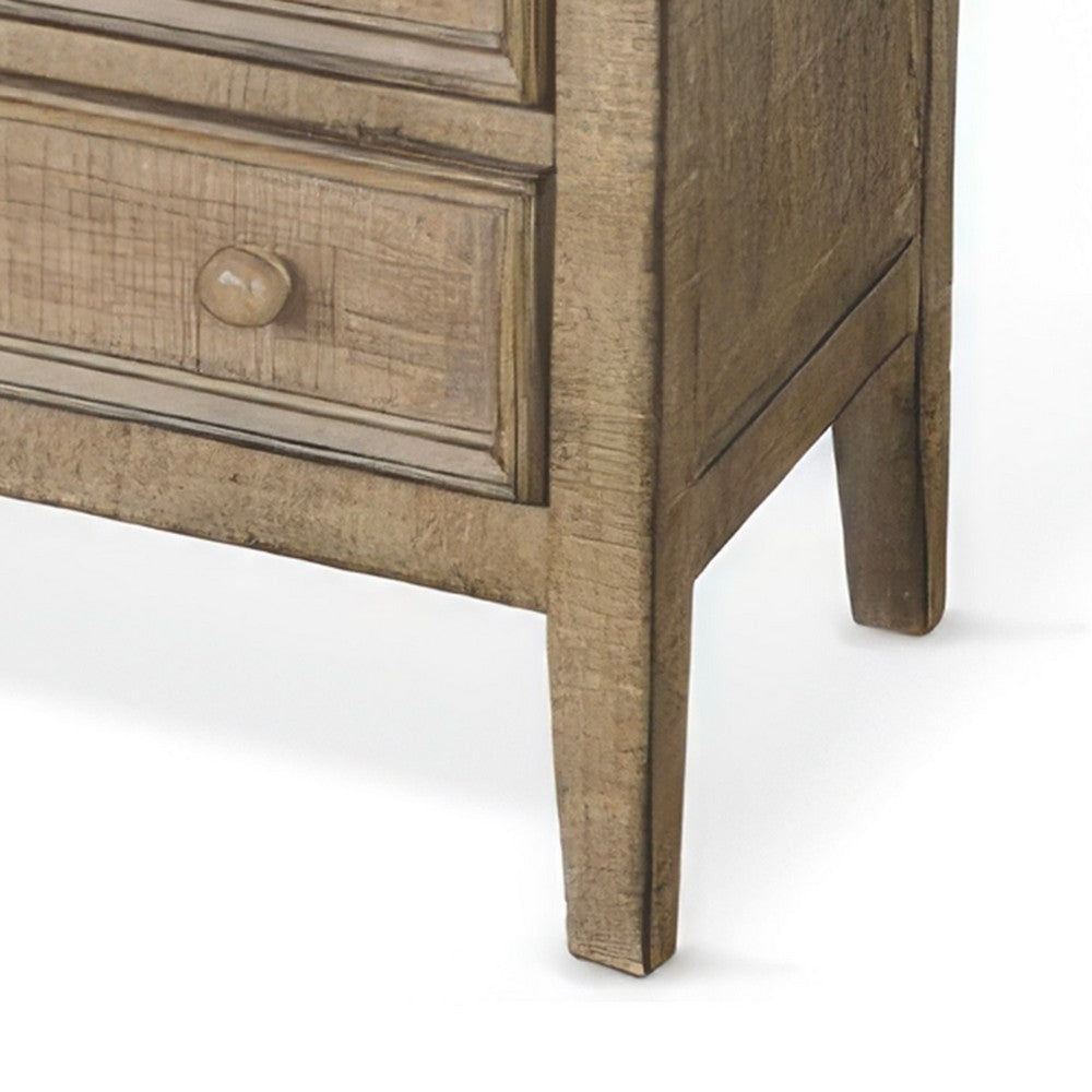 Benjara Rena Side End Table | 3 Drawers with Round Knobs | 28" Distressed Pebble Brown Mahogany Wood