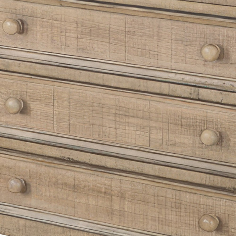 Benjara Rena Side End Table | 3 Drawers with Round Knobs | 28" Distressed Pebble Brown Mahogany Wood