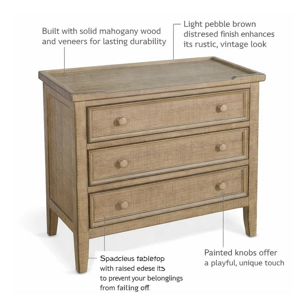 Benjara Rena Side End Table | 3 Drawers with Round Knobs | 28" Distressed Pebble Brown Mahogany Wood