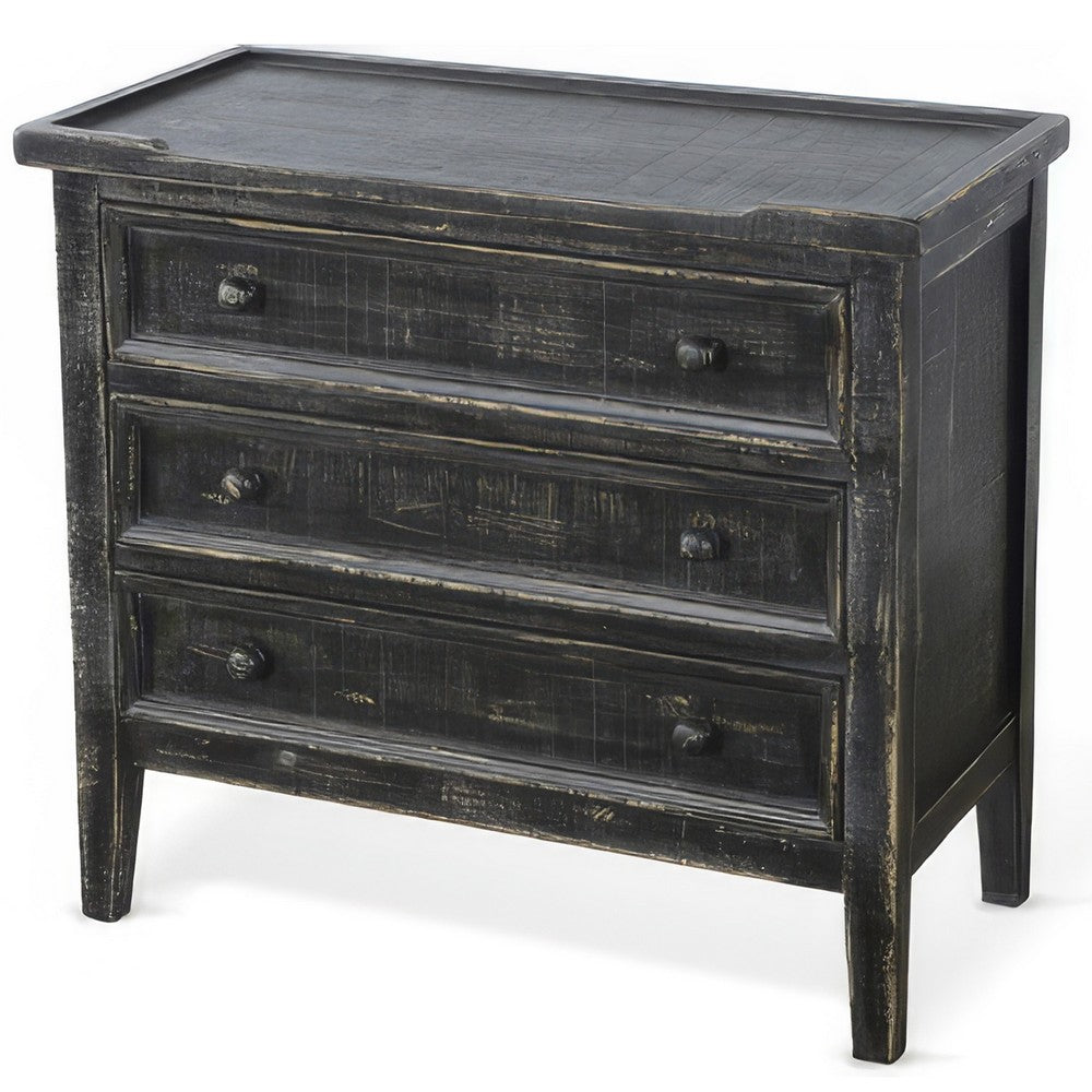 Benjara Rena Side End Table with 3 Drawers, 28 Inch Rustic Black Mahogany Wood