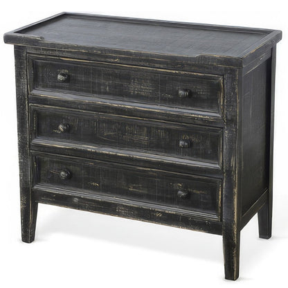 Benjara Rena Side End Table with 3 Drawers, 28 Inch Rustic Black Mahogany Wood