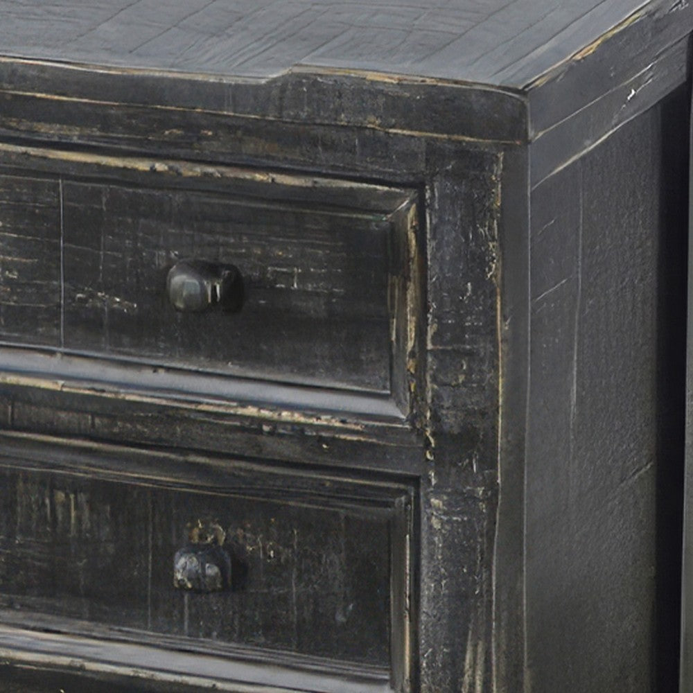 Benjara Rena Side End Table with 3 Drawers, 28 Inch Rustic Black Mahogany Wood