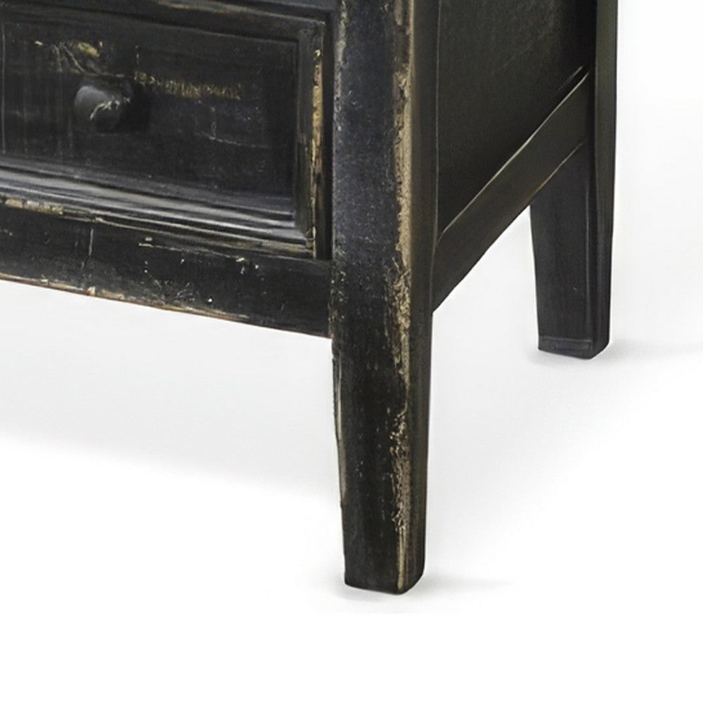 Benjara Rena Side End Table with 3 Drawers, 28 Inch Rustic Black Mahogany Wood