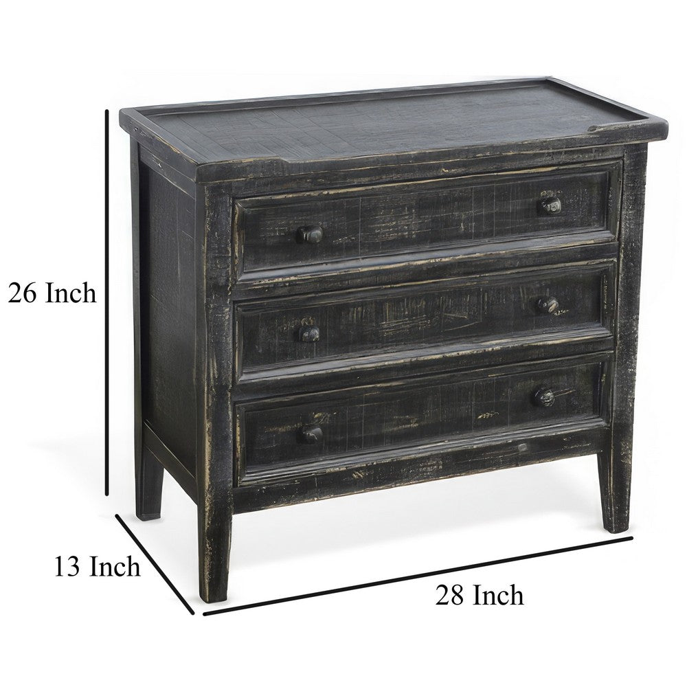 Benjara Rena Side End Table with 3 Drawers, 28 Inch Rustic Black Mahogany Wood