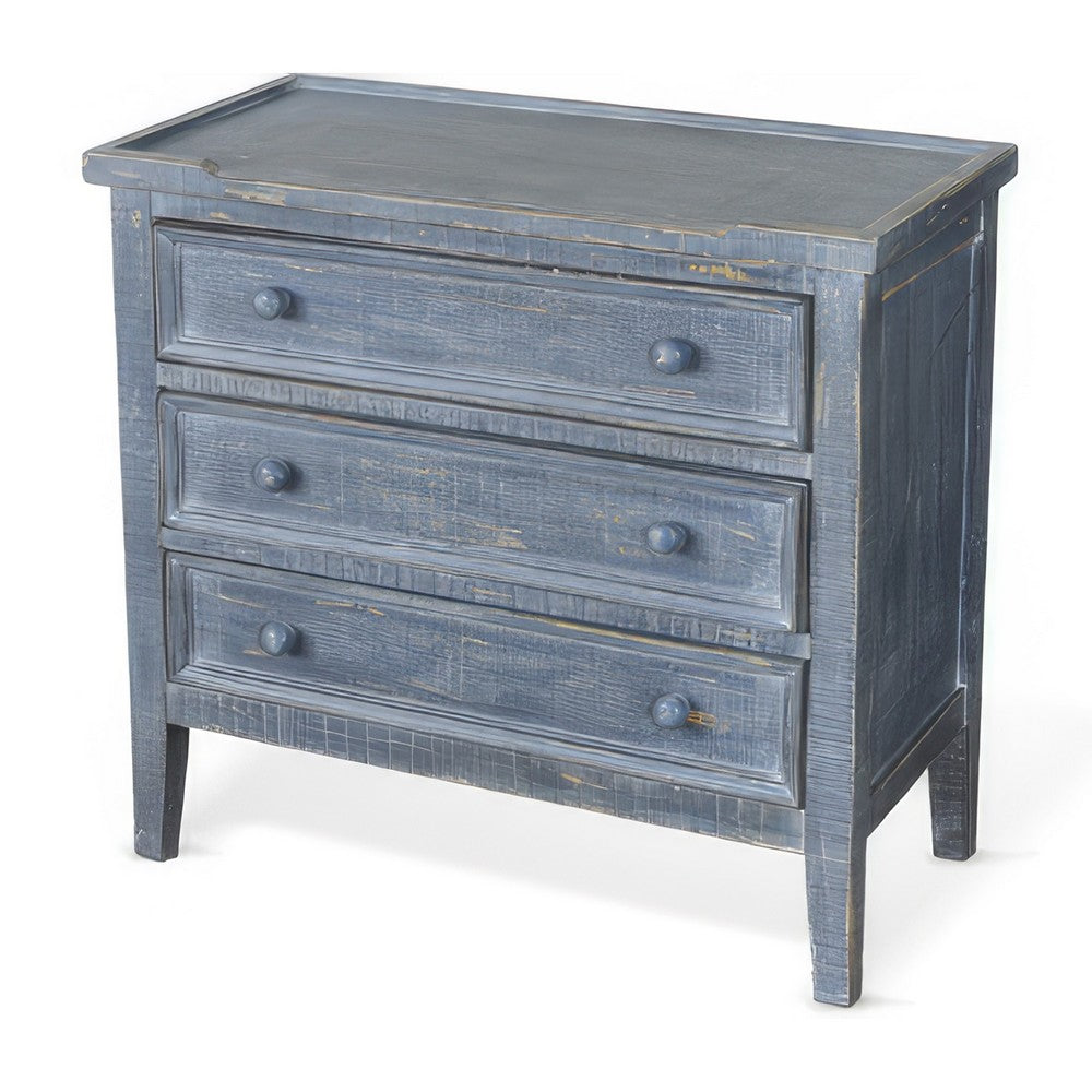 Benjara Rena Side End Table with 3 Drawers, 28 Inch Rustic Blue Mahogany Wood