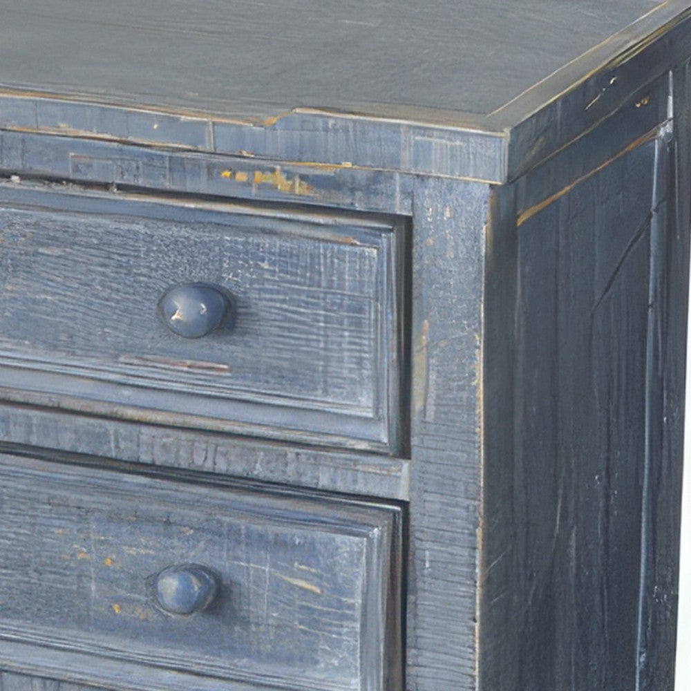 Benjara Rena Side End Table with 3 Drawers, 28 Inch Rustic Blue Mahogany Wood
