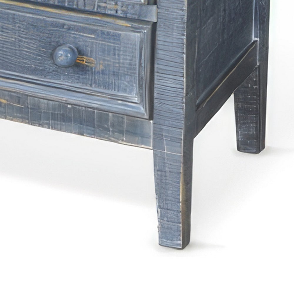 Benjara Rena Side End Table with 3 Drawers, 28 Inch Rustic Blue Mahogany Wood