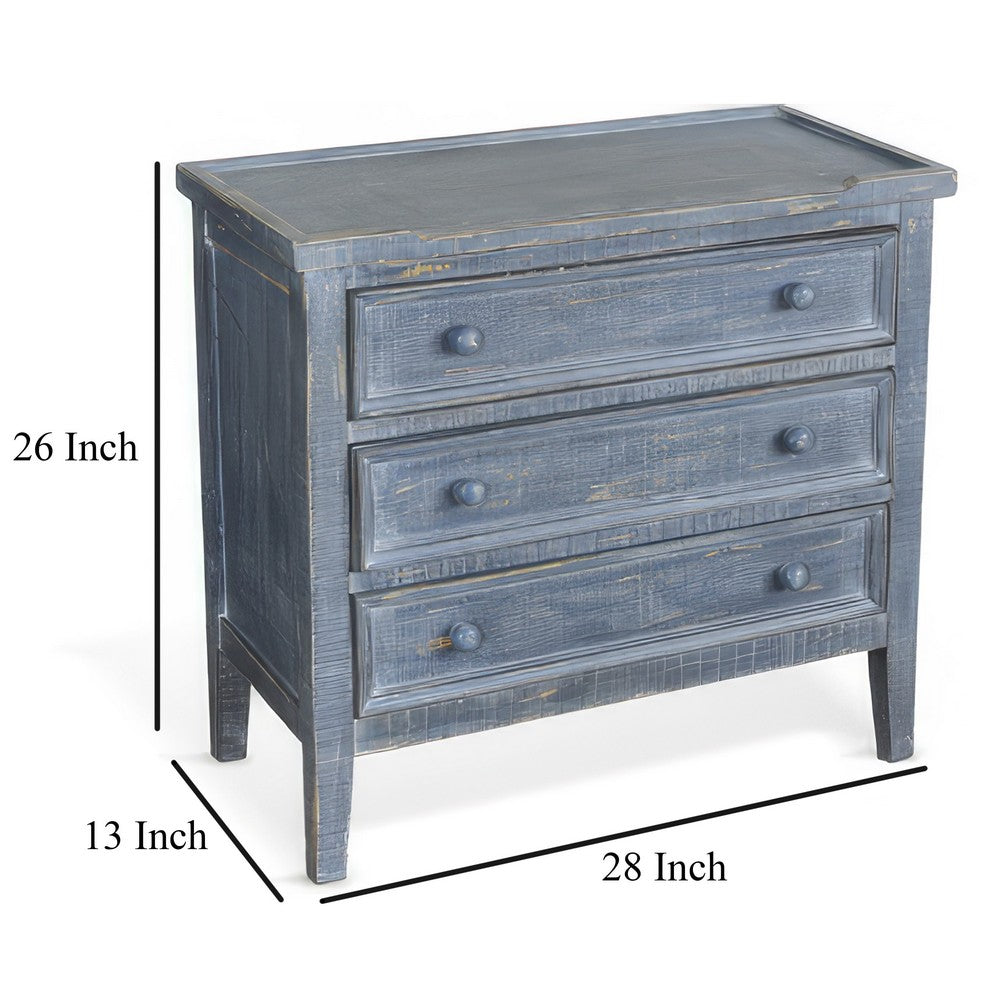 Benjara Rena Side End Table with 3 Drawers, 28 Inch Rustic Blue Mahogany Wood