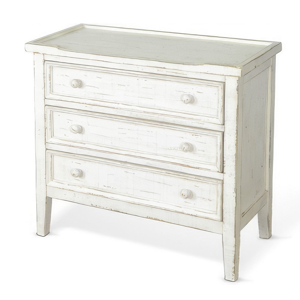 Benjara Rena Side End Table with 3 Drawers, 28 Inch Rustic White Mahogany Wood