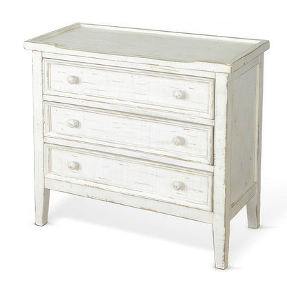 Benjara Rena Side End Table with 3 Drawers, 28 Inch Rustic White Mahogany Wood
