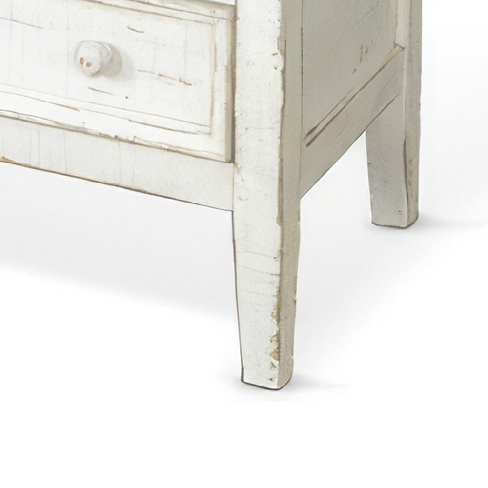 Benjara Rena Side End Table with 3 Drawers, 28 Inch Rustic White Mahogany Wood