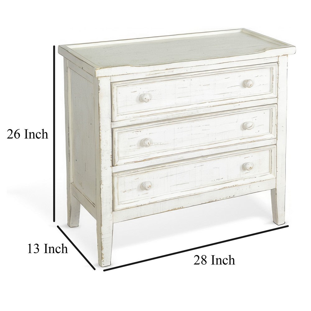 Benjara Rena Side End Table with 3 Drawers, 28 Inch Rustic White Mahogany Wood
