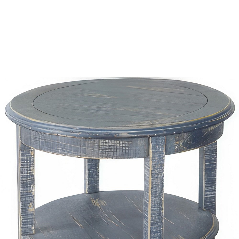 Benjara Rena Side End Table, Scallop Trim, 28 Inch Distressed Blue Mahogany