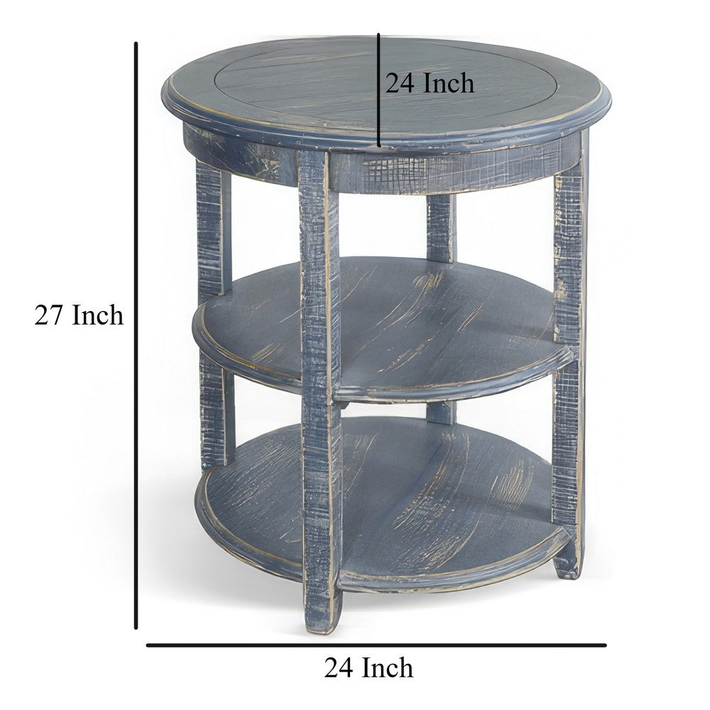 Benjara Rena Side End Table, Scallop Trim, 28 Inch Distressed Blue Mahogany