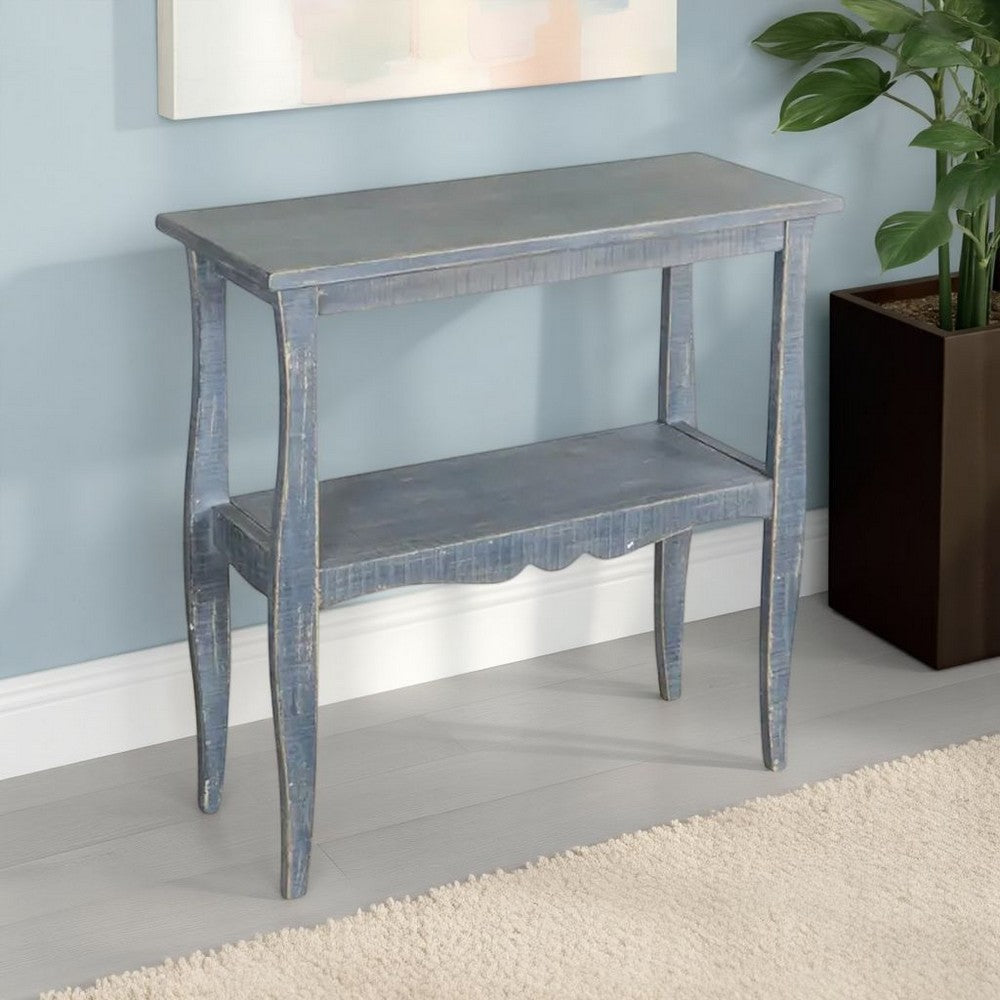 Benjara Rena Side End Table, Scallop Trim, 28 Inch Distressed Blue Mahogany