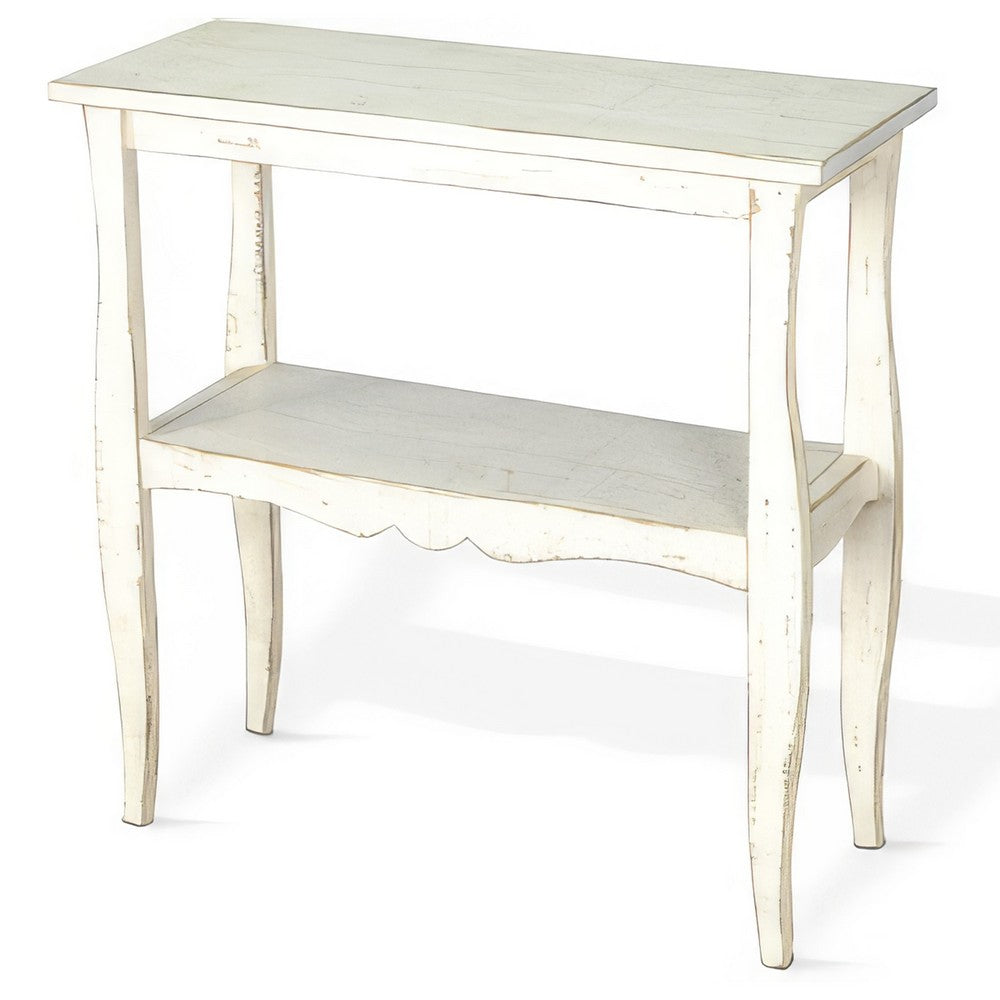 Benjara Rena Side End Table, Scallop Trim, 28 Inch Distressed White Mahogany