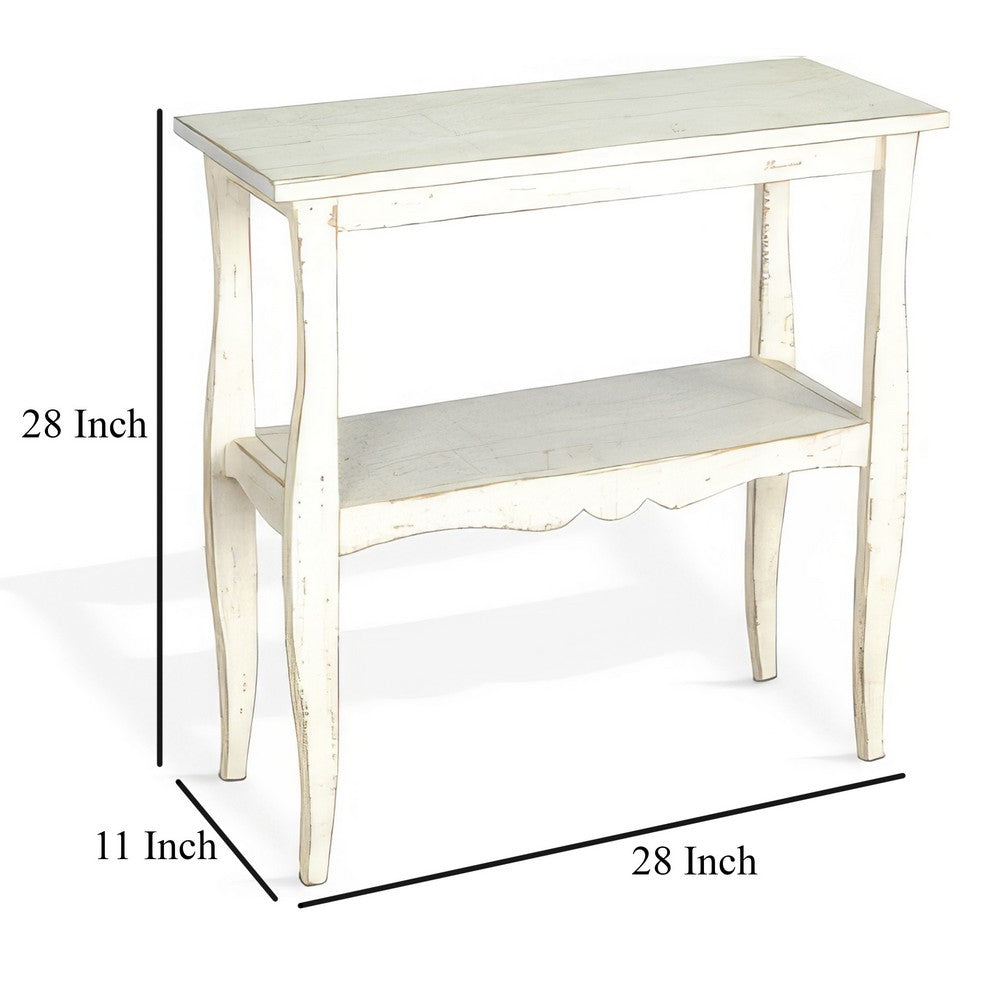 Benjara Rena Side End Table, Scallop Trim, 28 Inch Distressed White Mahogany
