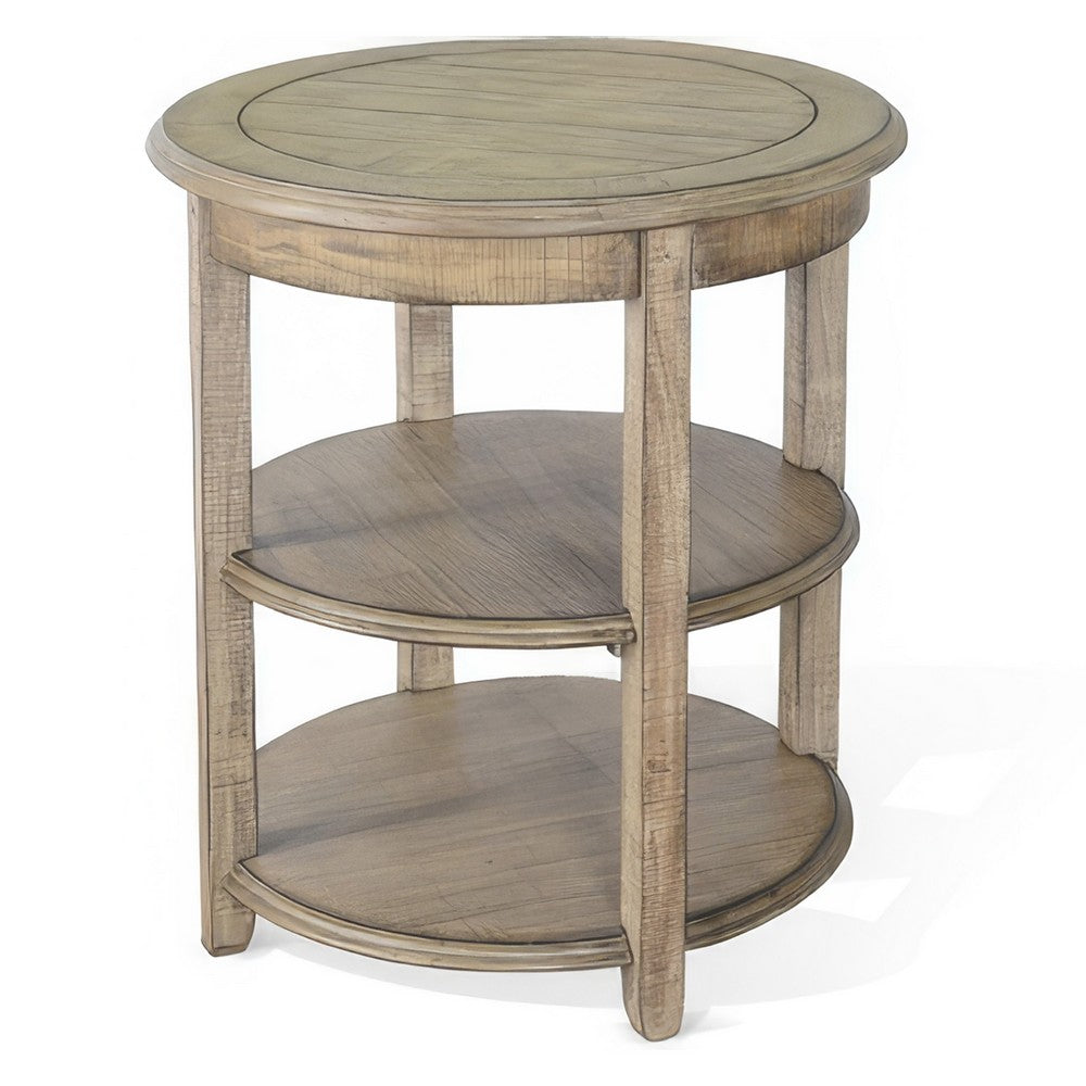 Benjara Rena Side End Table, 2 Shelves, 24 Inch Plank Light Brown Mahogany