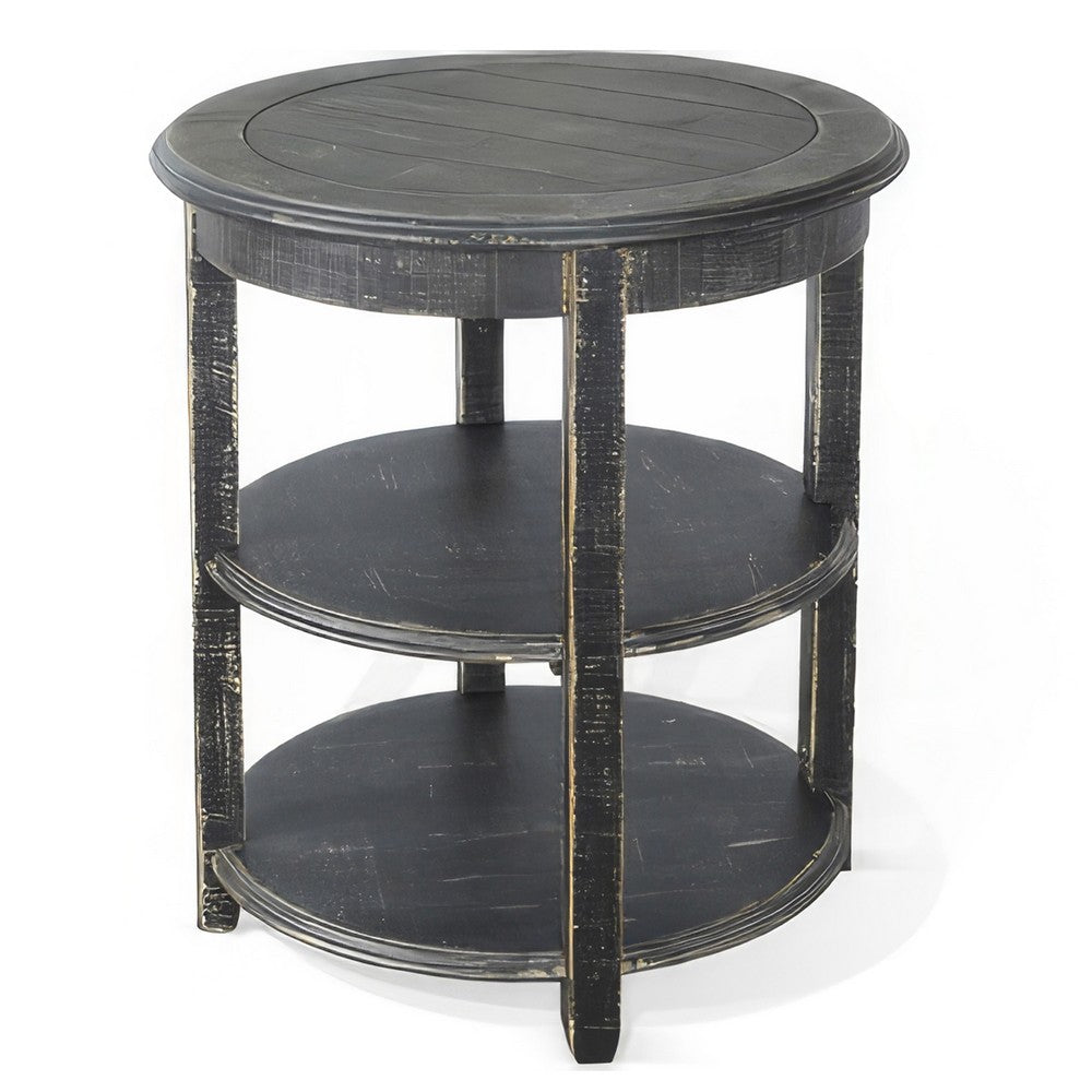 Benjara Rena Side End Table with 2 Shelves, 24 Inch Round Black Mahogany Wood