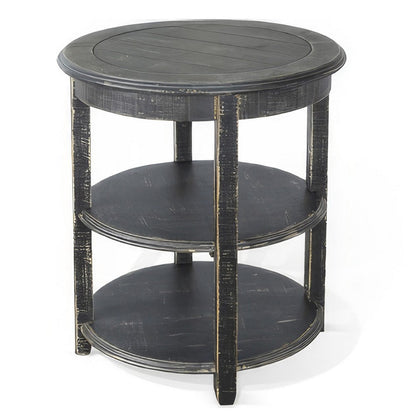 Benjara Rena Side End Table with 2 Shelves, 24 Inch Round Black Mahogany Wood