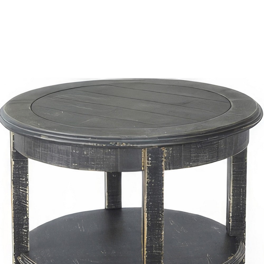 Benjara Rena Side End Table with 2 Shelves, 24 Inch Round Black Mahogany Wood